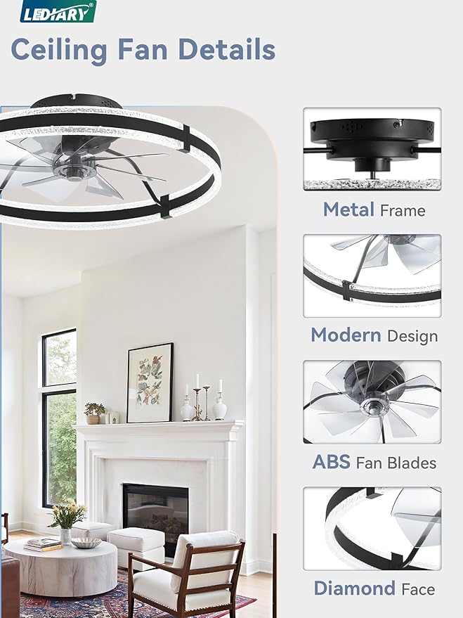 LEDIARY Ceiling Fans with Lights and Remote, 24'' Low Profile Ceiling Fan with Light, 3000-6000K Dimmable Fandelier Ceiling Fans, Modern Flush Mount Fan Light for Bedroom with 6 Wind Speeds- Black