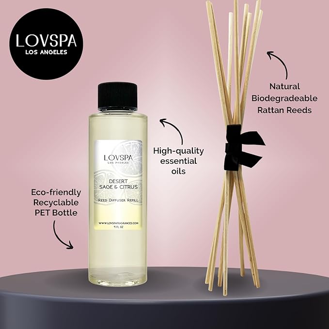 LOVSPA Sage & Citrus Diffuser Oil - Luxury Essential Oils for Diffuser Refill & Air Freshener Room Spray - Long-Lasting & Natural Home Fragrance, Scented Oil for Diffusers, USA Made, 4oz