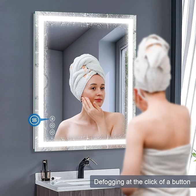Led Bathroom Mirror with Light 40"x32" Frameless Lighted Vanity Mirror Wall Mount, Fogless, 3 Color Mode, Stepless Dimmable Front Light and Backlit, Smart Touch Sensor, Tempered Glass