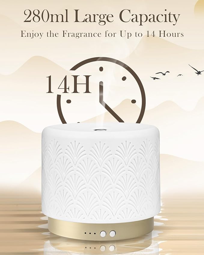 Essential Oil Diffuser -280ml Ceramic Diffuser for Large Room&Commercial Use, 2.4MHz Cool Mist Humidifier & Independent Decorative Light & Aromatherapy Diffuser, Pulse&Continuous Mist, Timer, Auto-Off