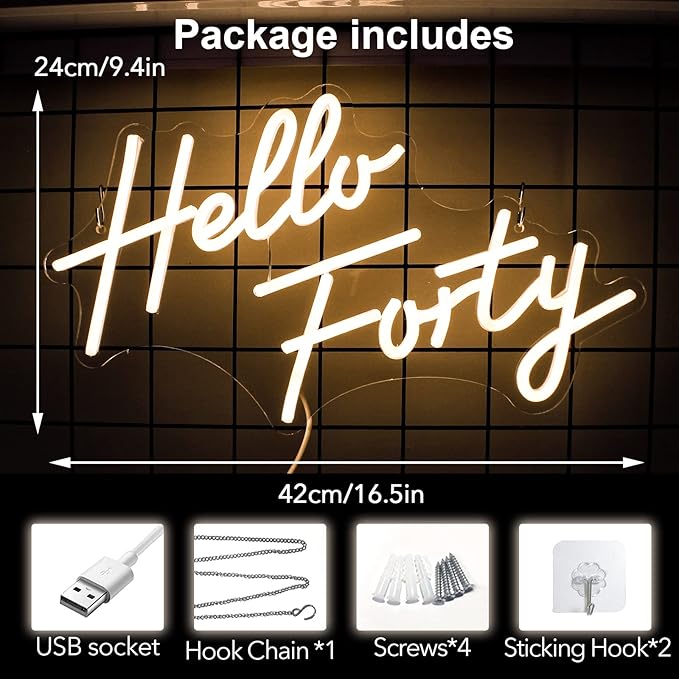 LED Neon Sign for 40th Birthday Decor, 16.5x9.4 Inch Dimmable USB Wall Art with Acrylic Backboard - Warm White Glow for Bedroom, Office, Salon (Hello Forty)