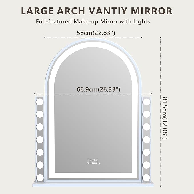 FENCHILIN Arched Vanity Mirror with Lights, 32“ x 26" LED Makeup Hollywood Vanity Mirror with 14 Dimmable Bulbs& LED Strip Smart Touch Control Detachable 10X Magnification White