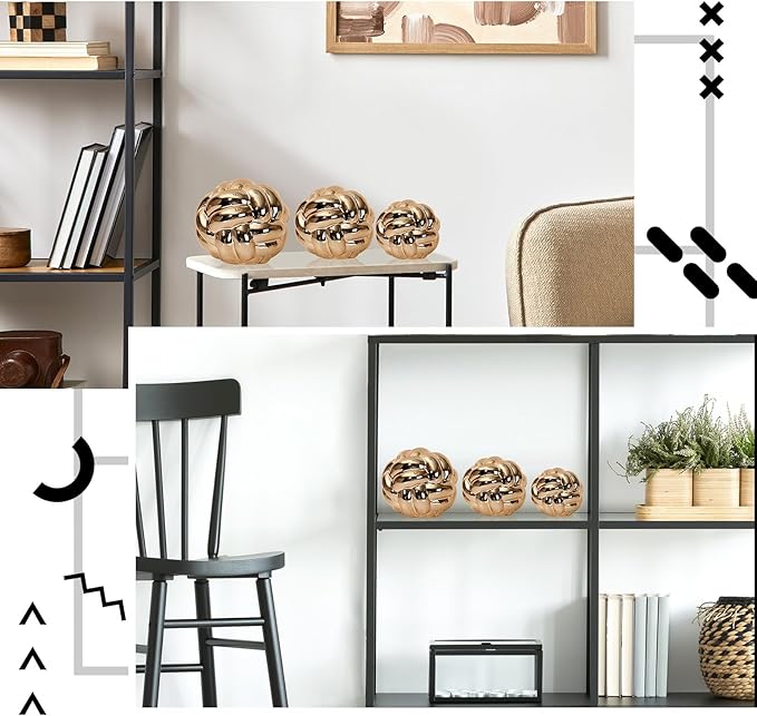 Wenqik Gold 3 Pcs Knot Decor, Chain Link Coffee Table Bookshelf Decor Accents, Entry Table Ceramic Aesthetic Minimalist Decorative Objects for Modern Home Living Room Decoration 3 Sizes