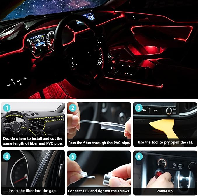 Interior Car LED Strip Lights, RGB 6 in 1 Ambient Lighting Kits with 315 inches Fiber Optic, 16 Million Colors APP Wireless Control Car Neon Lights, with Music Sync Function