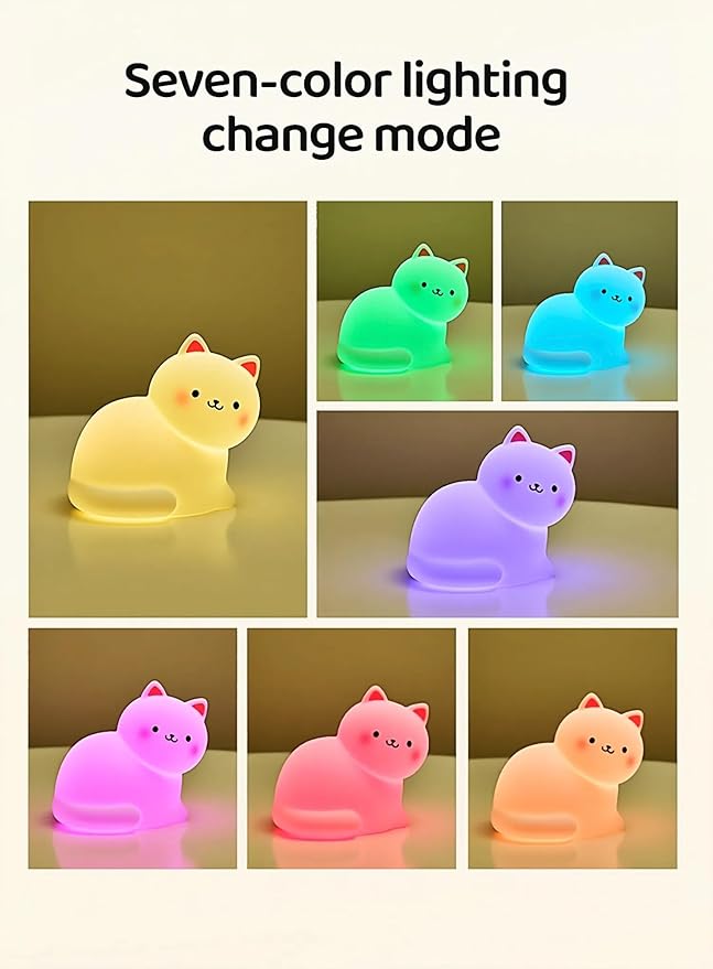 Cat Night Light for Kids,7 Colors Lamp,Tap Dimmable,Rechargeable Portable and Squishy Silicone Led Nightlight,Kawaii Gift,Timing Bedside Lamp,Nursery,Toddler,Breastfeeding,Kids Room Decor,Birthday