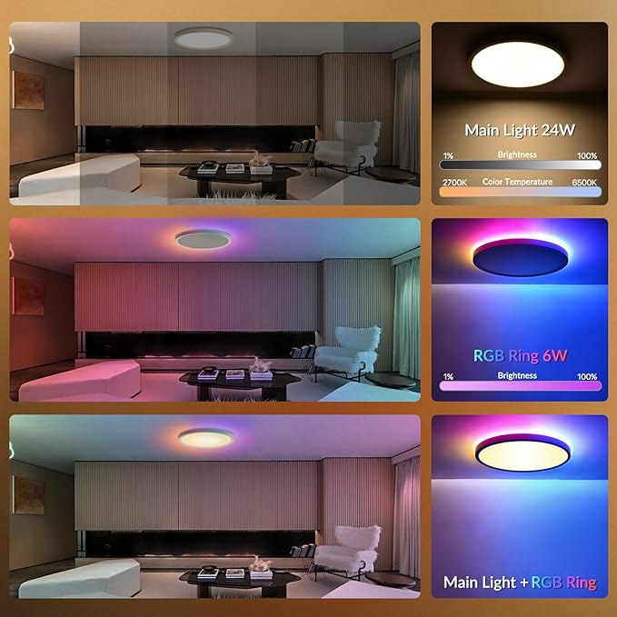 Smart RGB LED Ceiling Light with Remote, 12" WiFi Flush Mount Ceiling Light Works with Alexa & Google Home, 24W=2400LM Dimmable, DIY Colors & 2700K-6500K, for Bedroom Living Room, 1 Pack