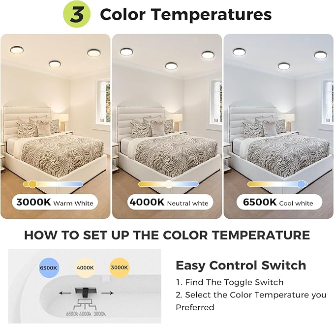 hepside 1PACK Flush Mount LED Ceiling Light Fixture - Black, 6.5Inch 12Watt, Dimmable & 3 Color Selectable - 1200LM Low Profile Light for Kitchen, Bedroom, Hallway, Porch