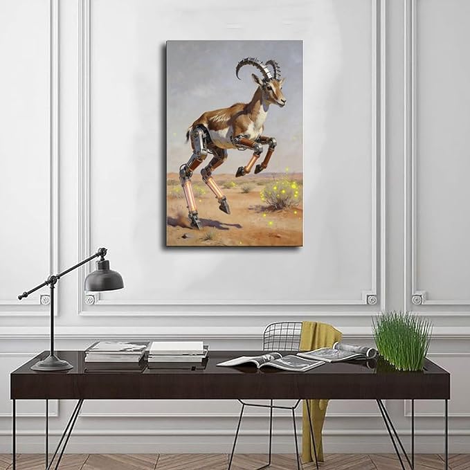 Framed Steampunk Mechanical Antelope Wall Art - Desert Futuristic Poster for Loft Living Room Decor 16x24inch(40x60cm)