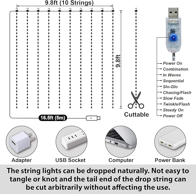 HXWEIYE 300LED Fairy Curtain Lights, 9.8x9.8Ft USB Plug-in 8 Modes Christmas String Hanging Lights with Remote for Bedroom Backdrop Wedding Indoor Wall Decor, Warm White, Tangle-Free – 1 Pack