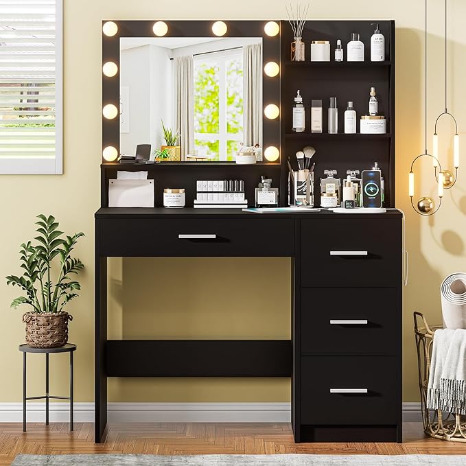 Vanity Desk with Lighted Mirror, Black Vanity with 4 Drawers,Makeup Vanity with Storage Shelves and Power Outlet,10 Lights with 3 Color Modes Brightness Adjustable for Girls’ Bedroom (Black)