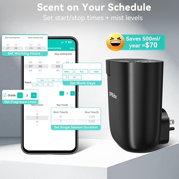 Waterless Diffuser, Plug in Diffuser for Essential Oils,Waterless Essential Oil Diffuser in Wall, Smart Bluetooth App Control, Up to 500 Sq.ft Coverage, Black