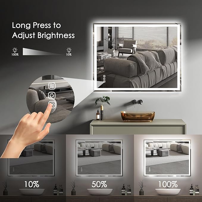 32x24 LED Bathroom Mirror with Lights LED Mirror for Bathroom Makeup Vanity Smart Mirror Lighted Front & Backlit,Stepless Dimmable Adjustable Brightness,Touch Switch,Shatterproof,Anti-Fog