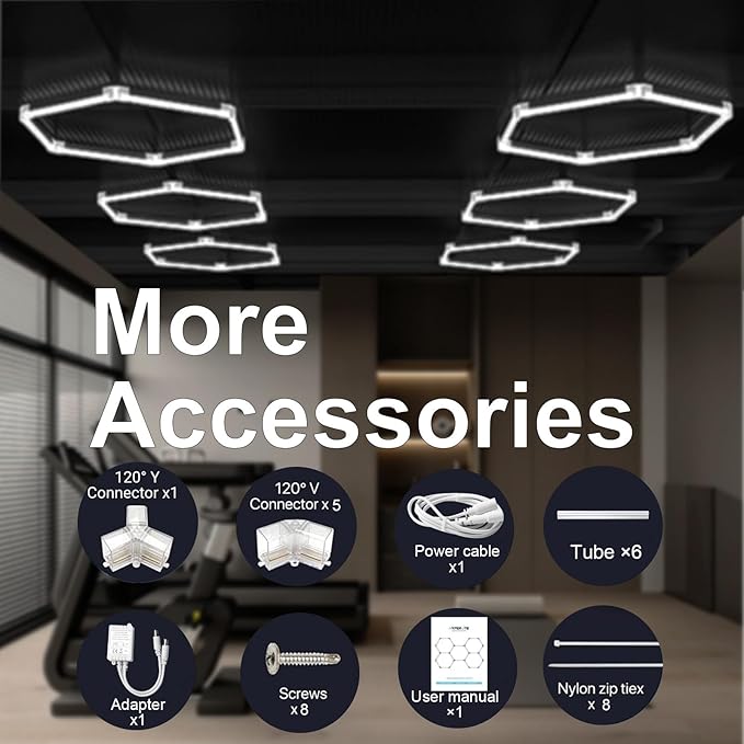 Garage Hexagon Lights, 24W 24V 6500K Higher Brightness Hex Garage Lights, Plug and Play, Lightweight DIY Assembly Hexagonal Light for Car Detailing Auto Beauty Shop Decor（with Remote Control）
