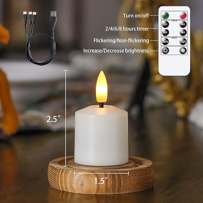 Rechargeable Small Flameless Tea Light Candles with Remote Function, LED Votive 2/4/6/8 Hours Timer Ivory 1.5" x2.5" Mini Plastic Set of 6 Tealight (Charging Cable Included)