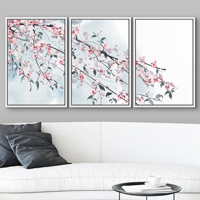 wall26 - 3 Panel Framed Canvas Wall Art - Ink Painting Style Pink Cherry Blossom on The Branch - Giclee Print Gallery Wrap Modern Home Art Ready to Hang - 16"x24"x3 White