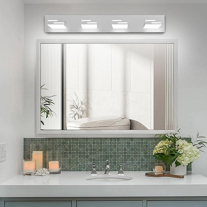 LED Modern Bathroom Vanity Light Fixtures, 4-Light 28-inch Dimmable Chrome Vanity Lights for Bathroom Lighting Fixtures Over Mirror, with 350° Rotatable Heads (Cool White 6000K)