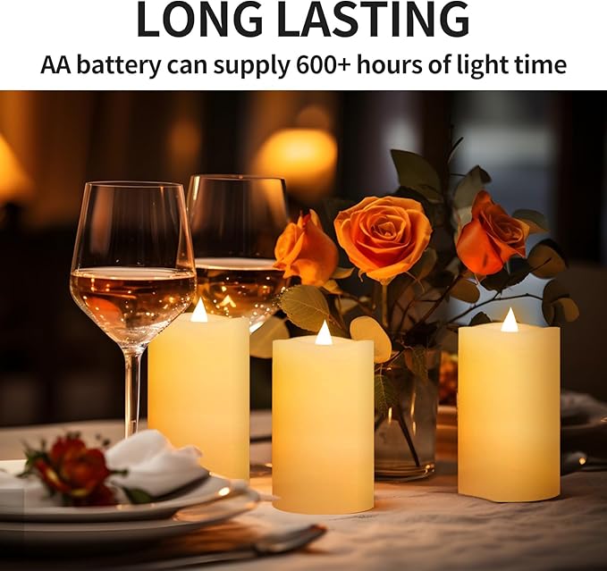 3" x 5" White Flameless Candles Set of 3, 2AA Battery Life 600 Hours Battery Candles Flickering with Timer, 5 inch Flameless Candles with Remote for Indoor/Outdoor