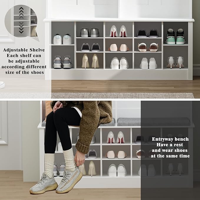 Hall Tree with Bench and Shoe Storage, 53" Farmhouse 4-in-1 Mudroom Storage Organizer with Coat Rack, 6 Hooks, 12 Shoe Cubbies, Adjustable Shelf, for Entryway, Hallway, Living Room, White