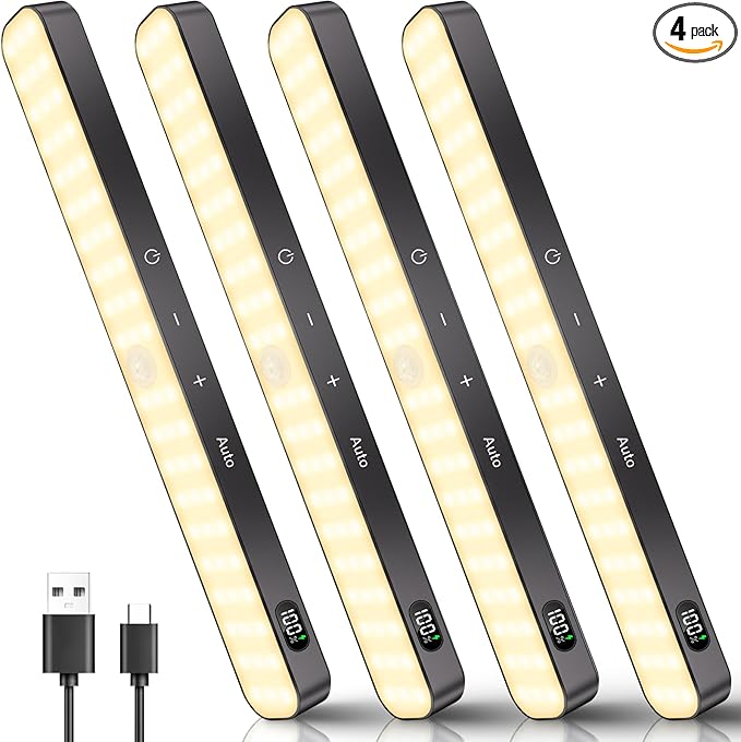Ferswe Closet Lights Rechargeable, Battery Level Display, Dimmable Battery Powered Lights, 3000K Motion Sensor Light Indoor, 60 LED Touch Light for Kitchen, Closet, Shelf(4 Pack)
