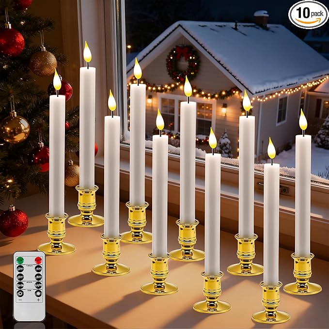 Pruk 10-Pack Flameless LED Candles w/Remote, Realistic Flickering Flame, Battery Operated Window Candles, Timer & Dimmer, Weighted Base, 10.8" Tall (Gold)