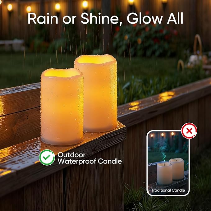 Raycare 3"x5" Outdoor Waterproof Flameless Candles-Auto Light Sensor Dusk to Dawn, 2Pcs Flickering LED Candle, Battery Operated Electric Fake Pillar Candle for Garden, Porch, Patio, Lantern Decor