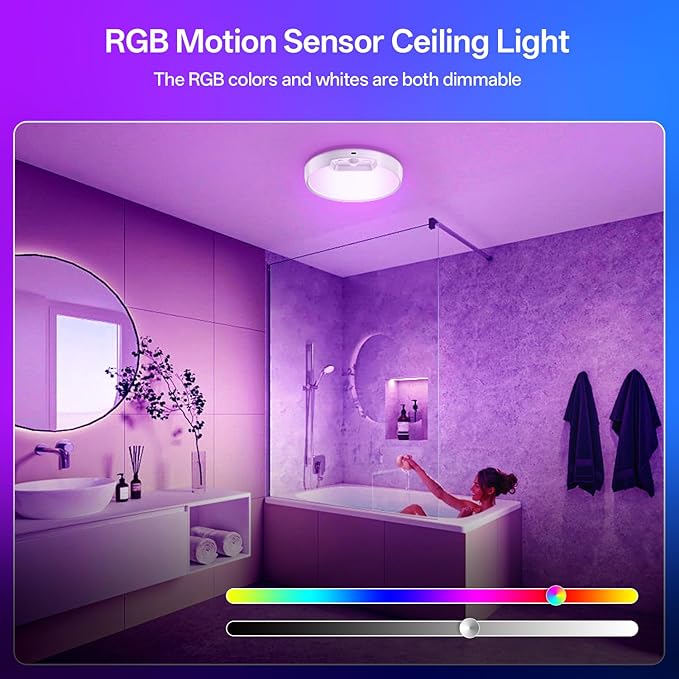 Homelist Rechargeable RGB Shower Light with Remote, Wireless Battery Operated Motion Sensor Ceiling Light with 10 Colors Changing, for Basement, Pantry, Cabinet, Hallway (1 Pack)