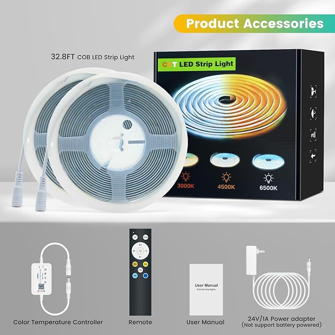 COB LED Strip Lights 32.8ft, Tunable CCT LED Strip 10m, 24V High Density Dotless Tape Light 3000K-6000K, DIY Cuttable Flexible Kit with Remote & Power Plug for Large Room Kitchen Cabinet Decor