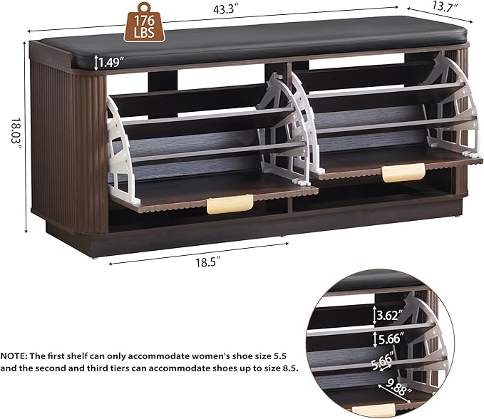 43.3''W Fluted Shoe Rack Bench with 2 Flip Drawers, Entry Bench Seat with 3-Tier Shoe Storage and Leather Cushion, Shoe Organizer Bench for Entryway, End of Bed, Living Room - Espresso