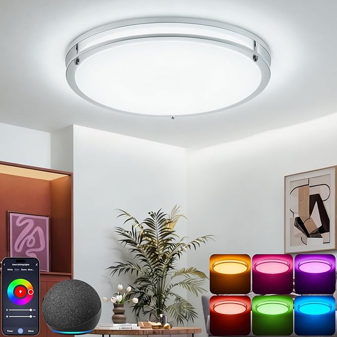 CINOTON 16 inch Smart Ceiling Light RGBCW, 40W LED Ceiling Light Fixture, 16 Million RGB & 2700K-6500K Adjustable for Bedroom Dining & Living Room Kitchen, Works with Alexa & Google Assistant, 1 Pack