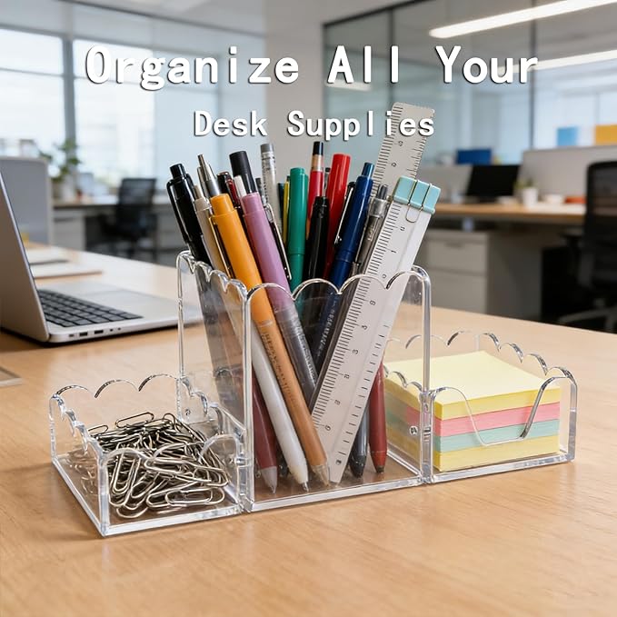 YAGELI Clear Acrylic Desk Organizer Set of 3, Magnetic Modular Pen Holder with Sticky Notes & Paperclip Tray, Aesthetic Desk Accessories for Home Office & Minimalist Decor