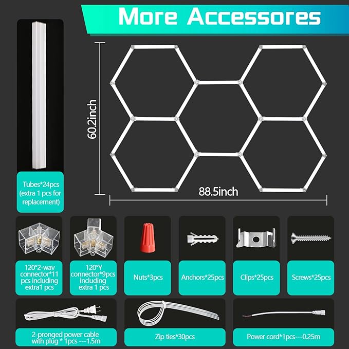 Hexagon Garage Lights,192W 21000LM,5 Grids Hexagon Led Light,7000K Honeycomb Lights for Garage,malls,Basement,Gym