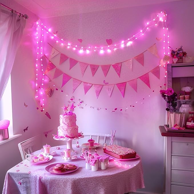 JMEXSUSS 4 Pack 50 LED Pink Fairy Lights Battery Operated, 16.1ft Pink Room Decor Fairy Lights Indoor Outdoor Waterproof, Christmas String Lights for Bedroom Wedding Birthday Holiday Decorations
