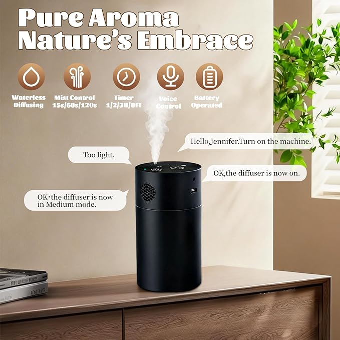 Voice Control Smart AI Waterless Scent Diffuser Starter Kit - Alloy Atomization System, Rechargeable Hotel Scent Diffuser, 1500 Sq Ft Coverage, for Home, Large Room, Spa, Cream