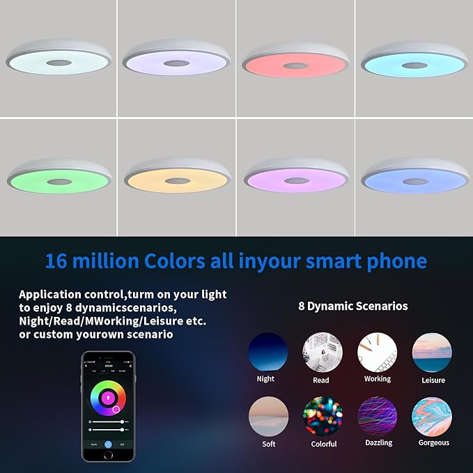 Smart Waterproof LED Flush Mount Ceiling Light Fixture,11 inch 18W,with Bluetooth Speaker,RGB Color Changing Function- Dimmable Lamp,Tuya Application Control-Compatible with Alexa Google Home