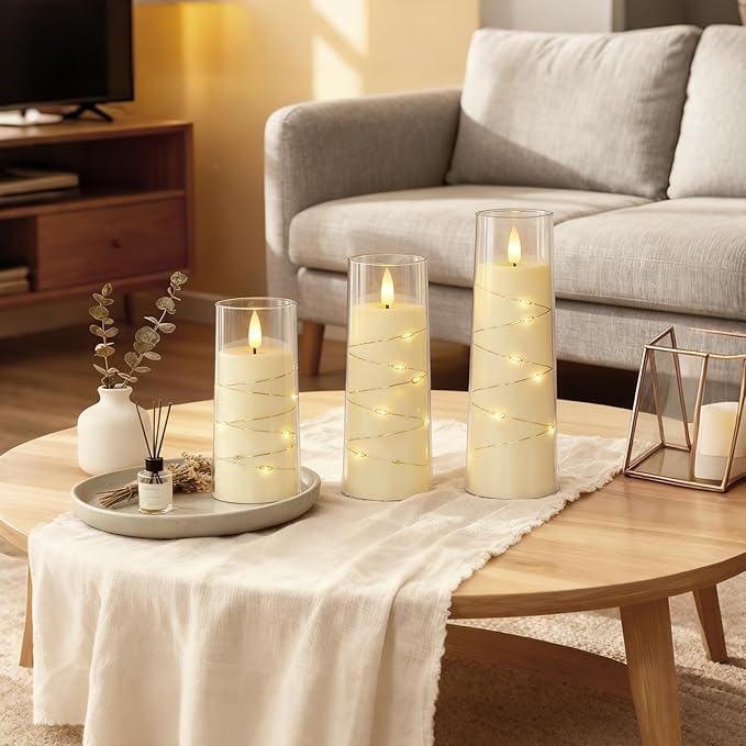 Raycare Flameless Candle with Remote Timer – 9 Flickering Acrylic Battery Operated LED Pillar Candles with Embedded Star String for Valentine's Day, Home Decor, and as a Gift (Ivory)