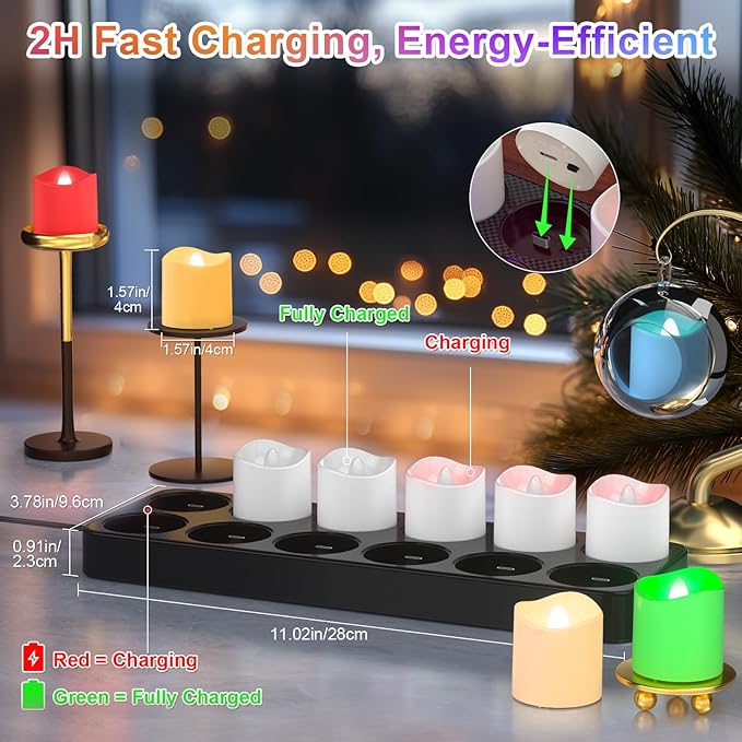 PChero Rechargeable Flameless Candles with Remote Timer & Charging Base, 12 Pack 9 Color Changing Tea Lights Battery Operated, LED Votive Candles for Halloween Pumpkin Christmas Party Home Decor