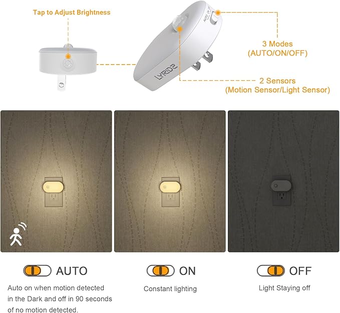 Lyridz Plug in Night Light with Motion Sensor, 120LM Superior Bright Smart Mini LED Nightlight, Warm White with Stepless Adjustable Brightness for Bathroom, Bedroom, Kitchen, Stairs, Hallway, 2 Pack