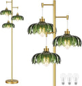 Glass Floor Lamp for Living Room,Bedroom,Mid Century Modern Standing Lamp Brass Tree 3 Light Tall Floor Lamps Vintage Retro Floor Lights Gold Green Flower Lamp Shade Farmhouse Boho Bohemian