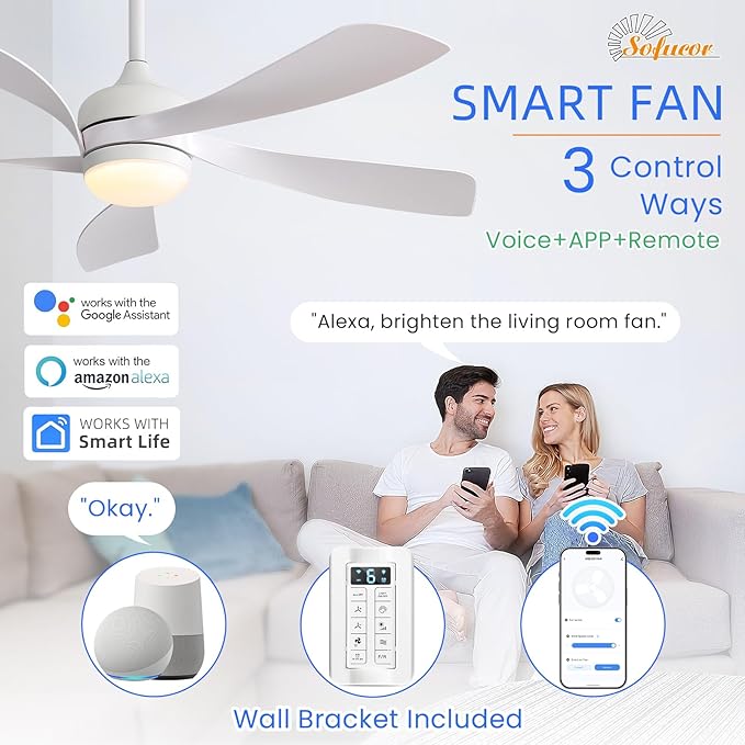 Sofucor 52" Smart Ceiling Fan, Indoor/Outdoor White Ceiling Fans with Lights and Remote, Works with Alexa/Google/App, 3-Color Light 6-Speed Timing Reversible DC Motor for Bedroom Living Room Patio
