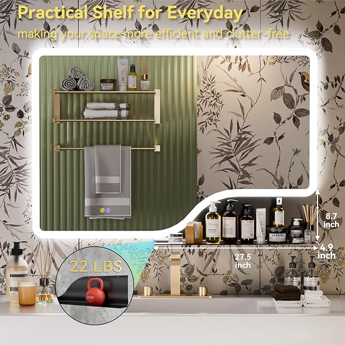 32"x 48" LED Bathroom Mirror with Shelf, 3 Colors Backlit Vanity Mirror with Lights, Wall-Mounted Large Bathroom Mirror with Lights, Smart Mirror with Anti-Fog, Stepless Dimmable, Memory (ETL)