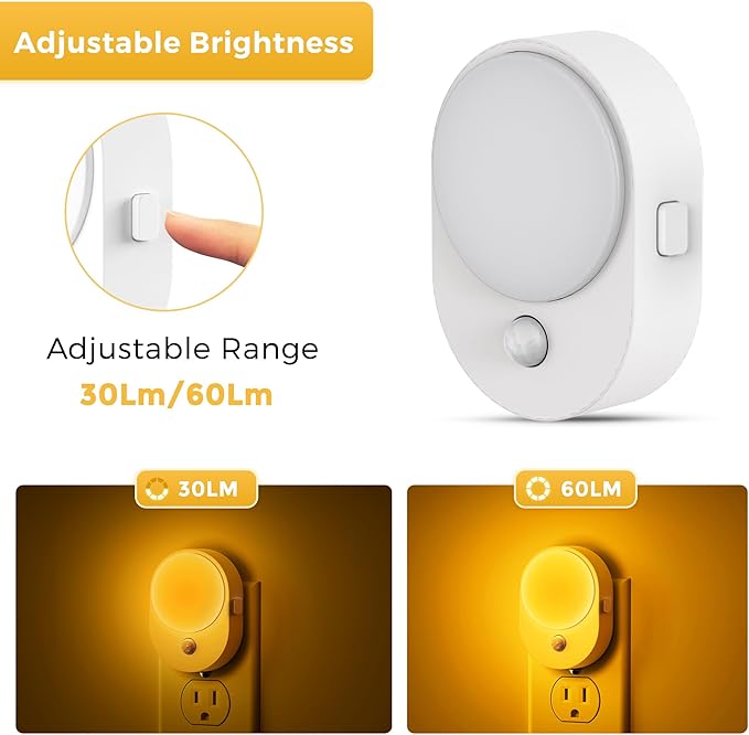 L LOHAS LED Motion Sensor Night Light,[2-PACK] Night Lights Plug into Wall,Motion Sensor and Dusk to Dawn Sensor,2000K Amber Light,Brightness Adjustable,Nightlight for Bathroom Hallway Halloween