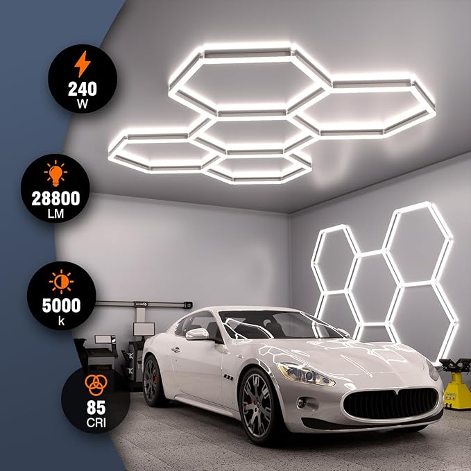Hexagon Garage Lights, 5-HEX 240W 5000K Daylight Garage LED Lights, Modular Honeycomb Shop Light for Detailing, Workshop, Home Gym, Warehouse, DIY Workspace