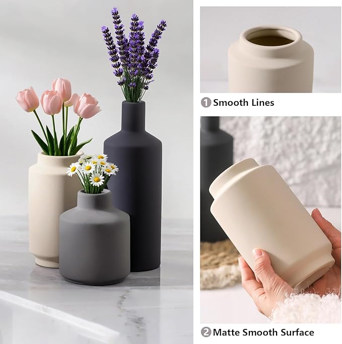 Modern Ceramic Vase Set, Neutral Decorative Vases for Home Decor, Small Flower Pottery Vase Sets for Pampas Grass Dried Flowers, for Living Room, Mantel, Shelf, Bedroom, Bathroom
