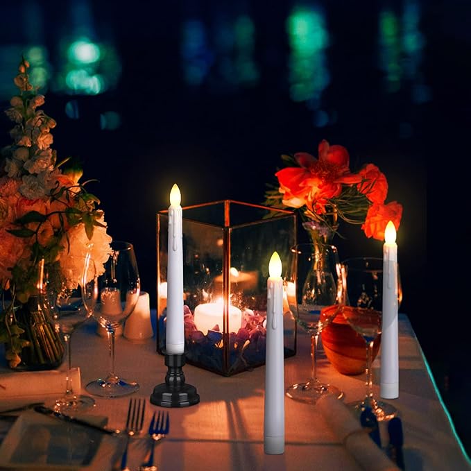 LED Battery Operated Window Candle with Remote & Timer Flickering Warm Light Christmas Flameless Taper Candles for Party Holiday Wedding Home Table Decoration (Pack of 6,White+Black Holder(A))…