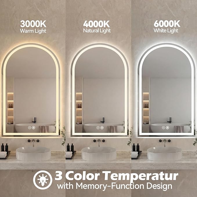 Sweetcrispy 28"×36" LED Bathroom Mirror with Lights, Arched Vanity Mirror with Anti-Fog, Dimmable, 3-Color Light, Memory Function, Tempered Glass
