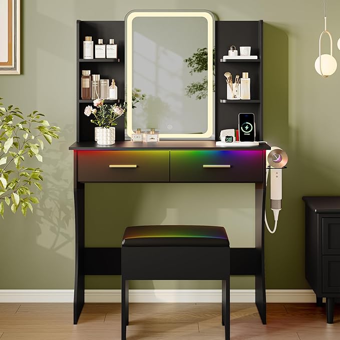 Makeup Vanity Desk with Mirror & Lights, Small Vanity Table Set for Girls with Chair & Power Outlet, Modern Dressing Table with 2 Drawers & 4 Storage Shelves, Adjustable RGB Lighting - Black