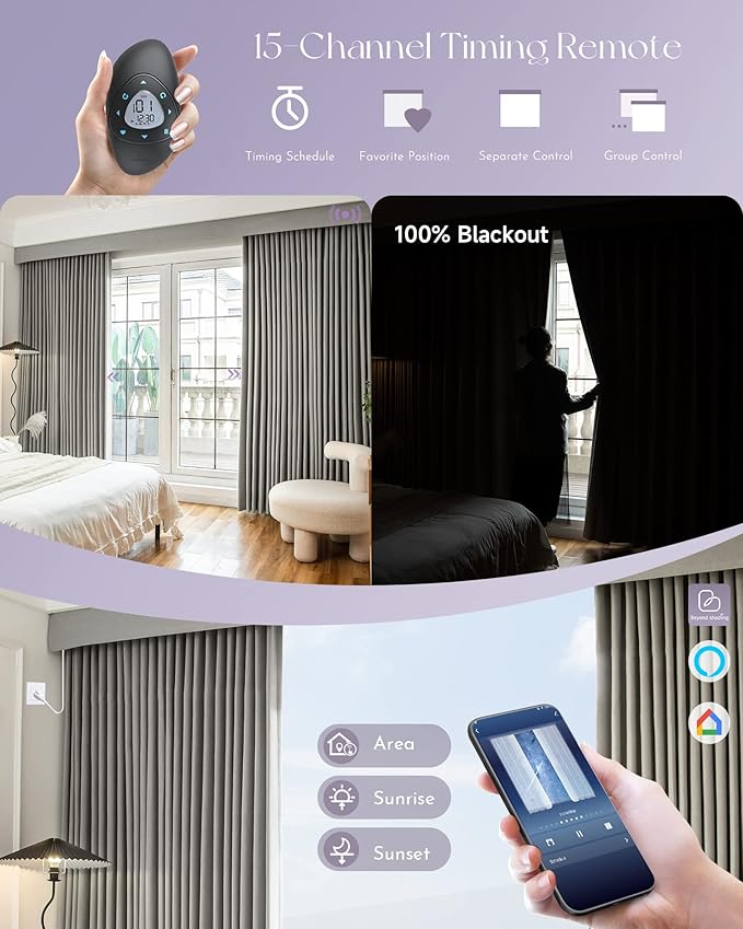 Graywind Hardwired Smart Curtains Motorized Blackout Curtain with Remote Alexa Google Control for Sliding Door Thermal Insulated Drape One-Way or Split Draw, Custom Width to 220" (Vintage Grey)
