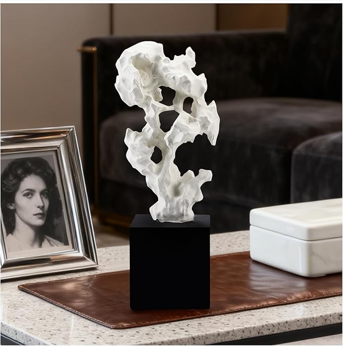 Modern Abstract Sculpture - 11.8" Stone Home Decor, Resin White and Black Art Statues for Living Room, Coffee Table Centerpiece, TV Stand Shelf Bookshelf Decorations