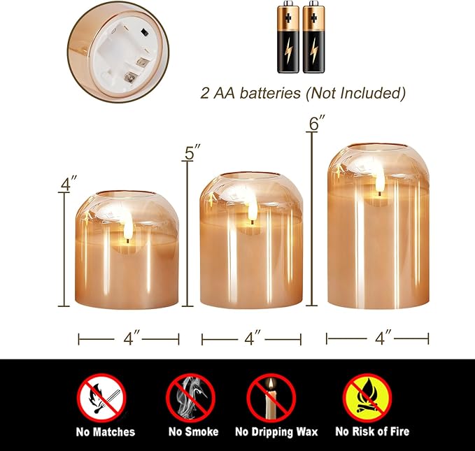 Homemory Glass Flameless Candles, Battery Operated Plliar Candles Realistic Flickering, LED Electric Light with Remote and Timer for Home, Christmas Decoration, Gold, Set of 3