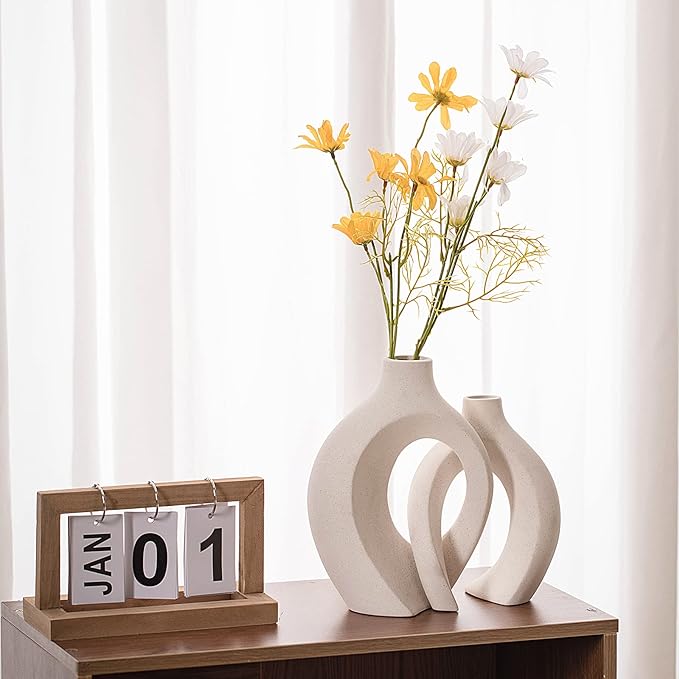 Levvohd Hollow Ceramic Vase Set of 2, Modern Nordic Minimalist Book Style Boho Aesthetic Vases for Home Decor Living Room Shelf Entryway Coffee Centerpiece Table Decorative (Cream White)